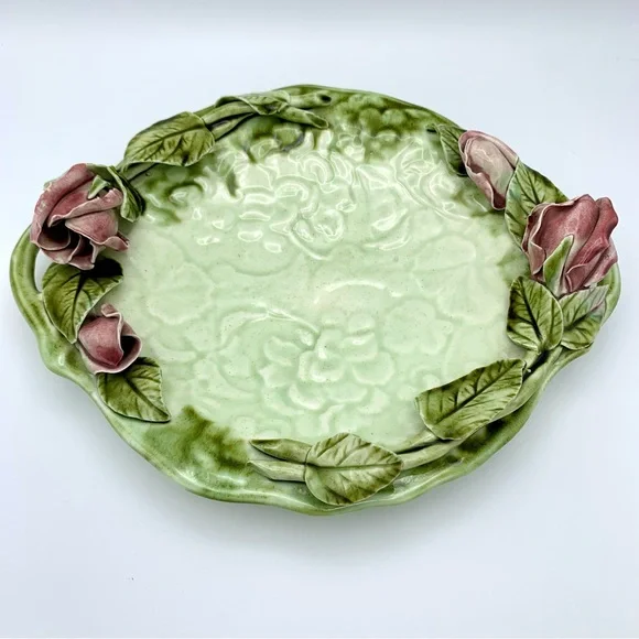 Vintage Majolica Pottery Platter 12” Green Leaves Pink Capodimonte Raised Roses - Picture 7 of 16